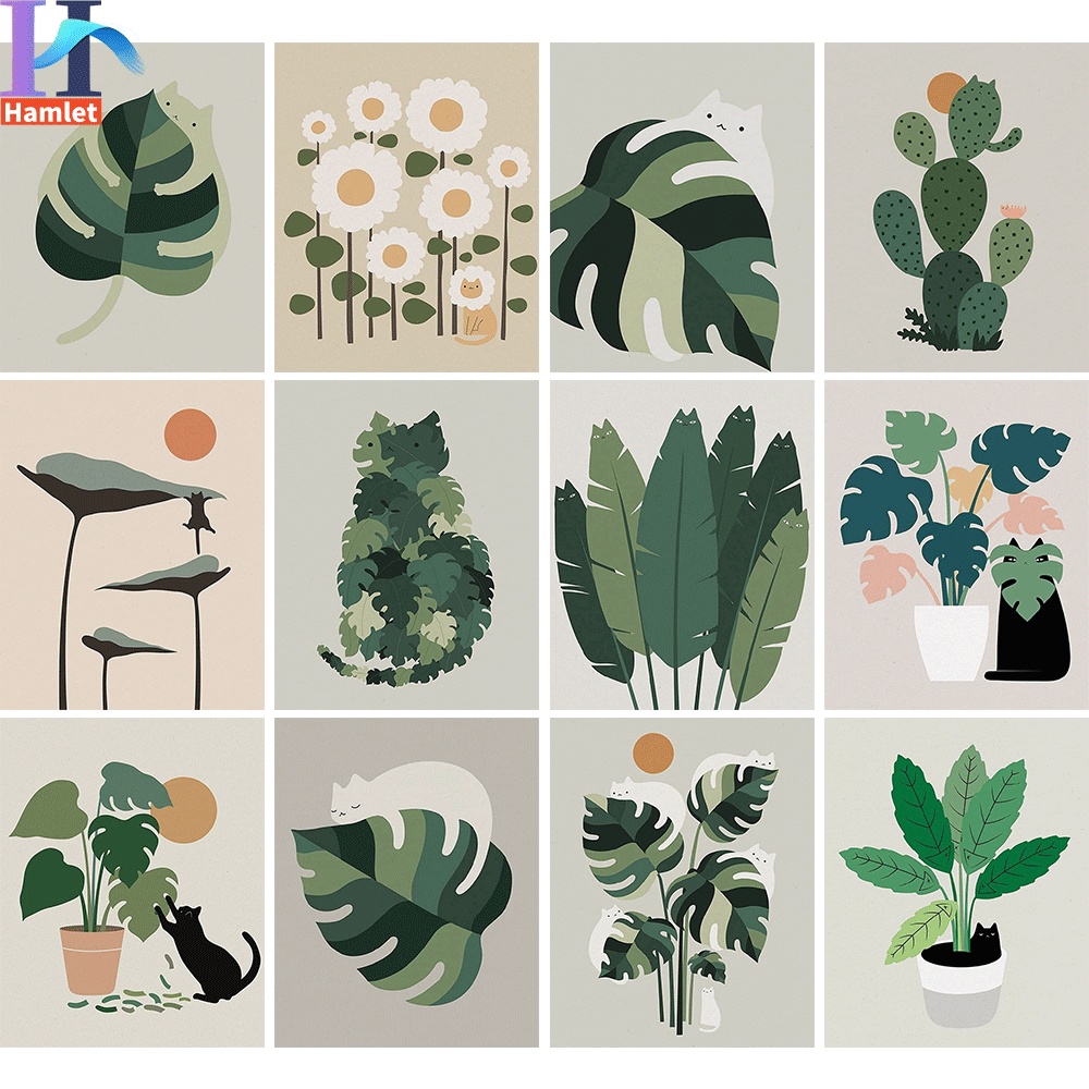 Bộ tranh sơn dầu Hamlet tô màu theo số giúp giải tỏa căng thẳng hình chú mèo trên chiếc lá cỡ 40x50cm