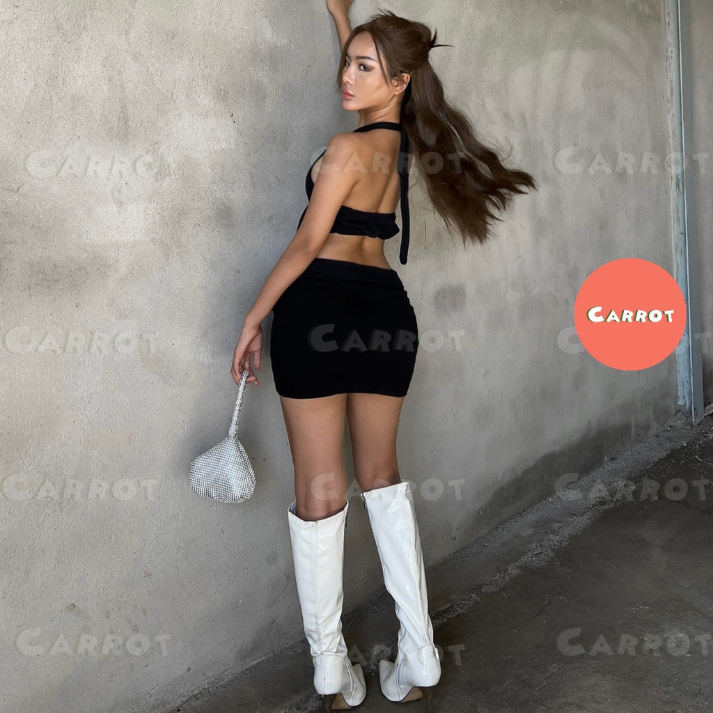 Áo croptop nữ vạt áo dài nhọn thiết kế dây cột lưng sexy chân váy ngắn ôm tôn dáng chất liệu thun co giãn Carrotxinhdep