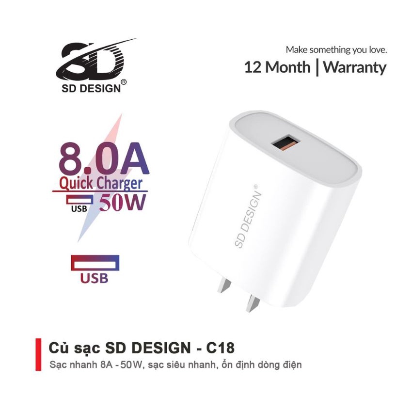 Củ sạc NHANH chính hãng SD Design C18 tương thích tất cả các thiết bị di động