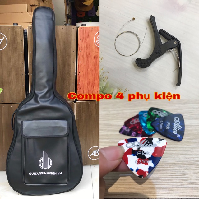 Combo 4 món cơ bản cho người mới bắt đầu: Bao da guitar, Capo, Phím, dây 1 acoustic