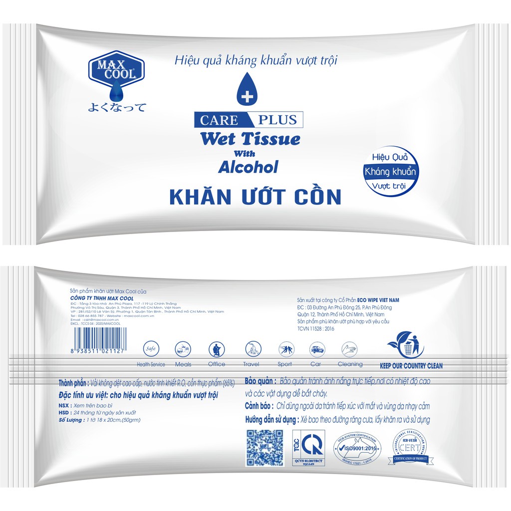 Combo 100 cái Khăn ướt Cồn Max Cool kháng khuẩn Wet Tissue Alcohol