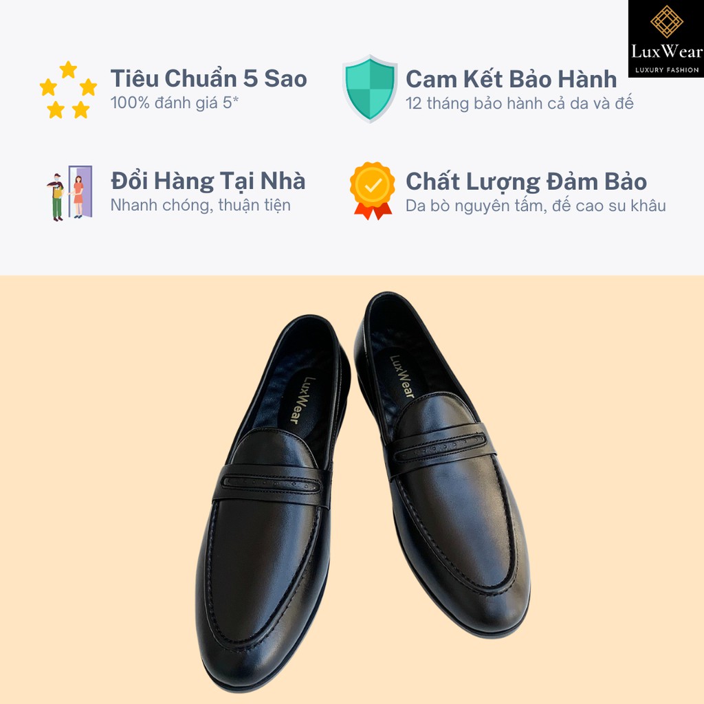 Giày lười nam da bò cao cấp đế khâu LuxWear màu đen có quà tặng kèm tất lười hoặc lót giày cao cấp - GDC