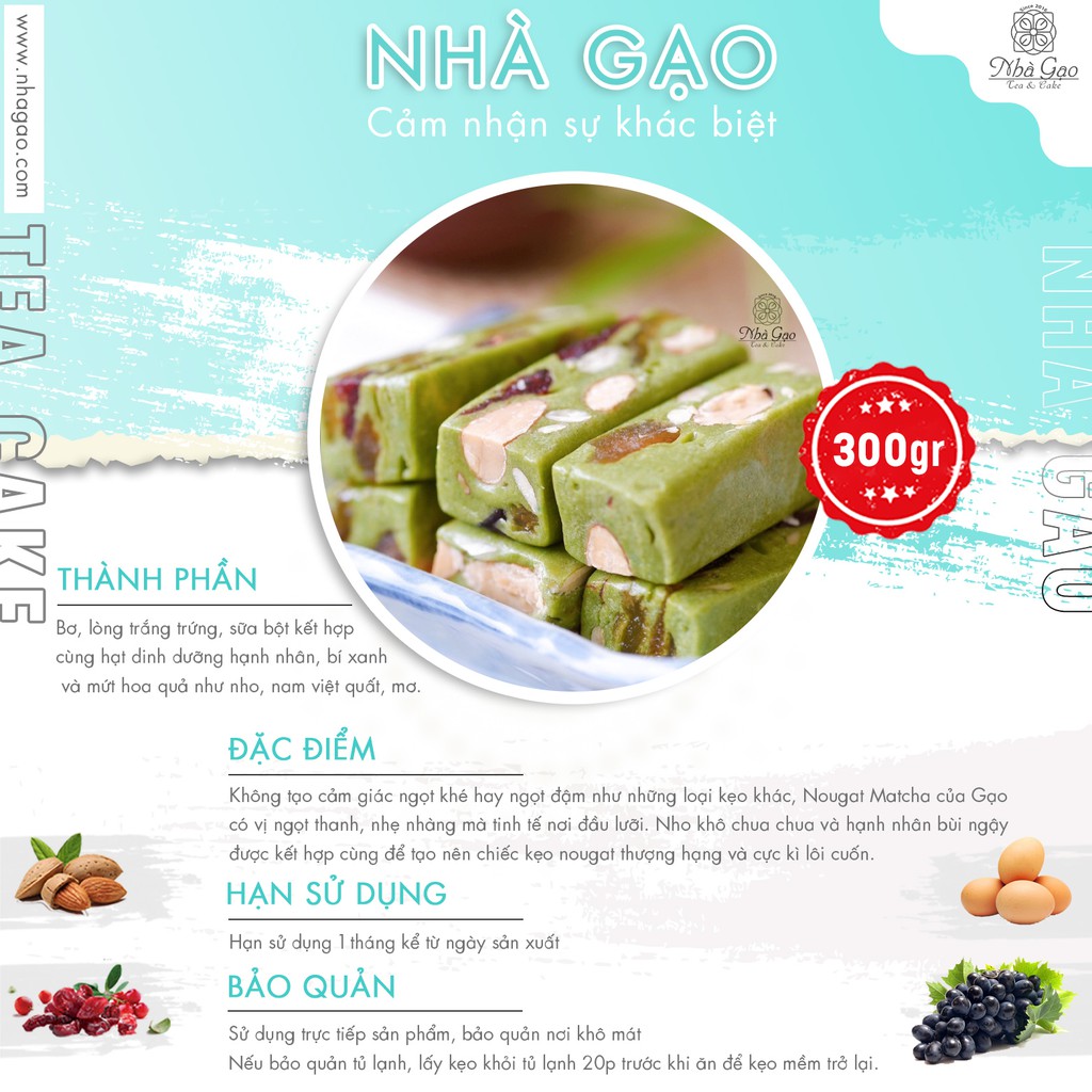 Kẹo nougat Nhà Gạo vị matcha siêu hạt hộp 300gr
