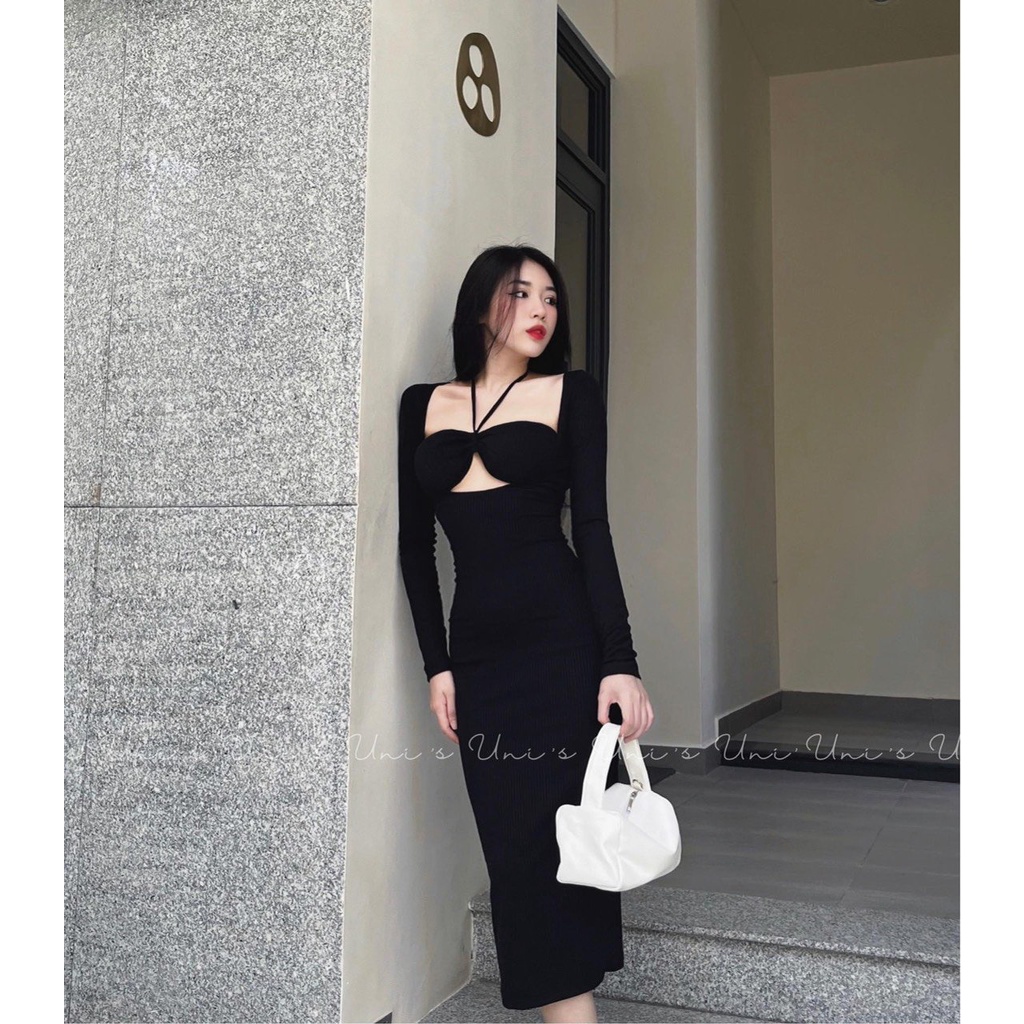 Đầm body midi đen tay dài cut-out ngực cổ vuông cột dây cổ yếm