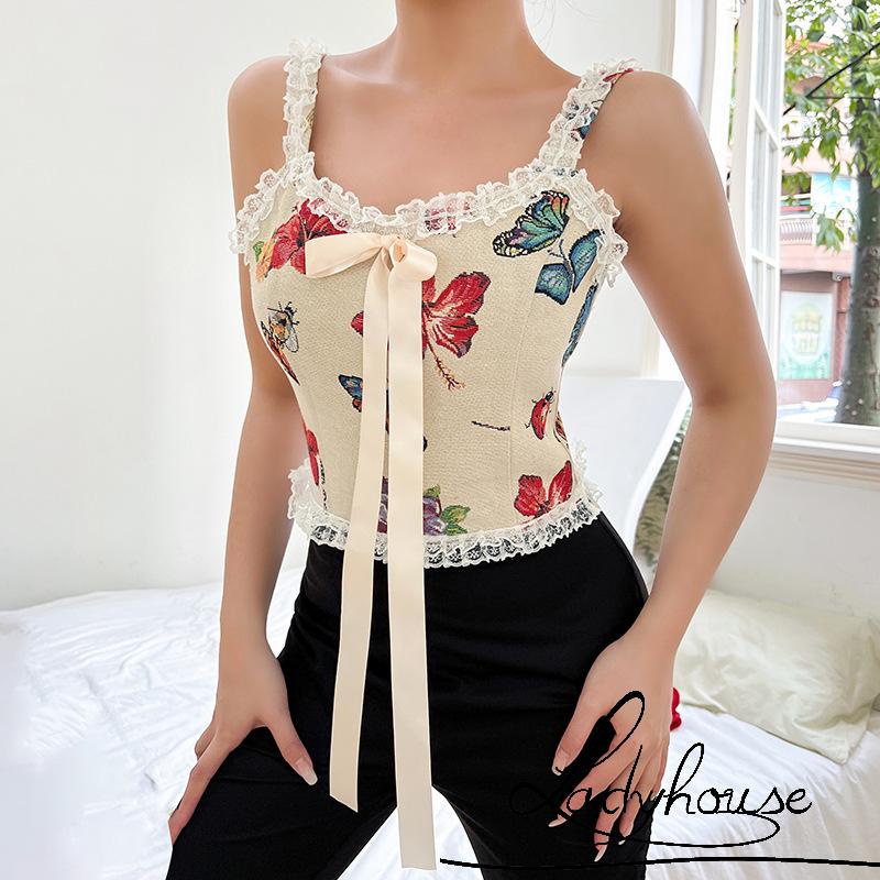 Ld-áo Crop Top Không Tay Cổ Chữ U In Họa Tiết Bướm Phối Ren Kiểm S/M/L Cho Nữ