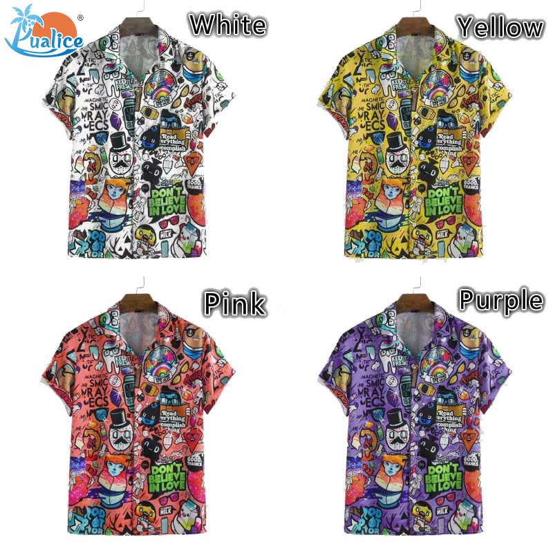 Áo sơ mi tay ngắn cổ bẻ thời trang nam chủ đề hoạt hình màu Graffiti | BigBuy360 - bigbuy360.vn