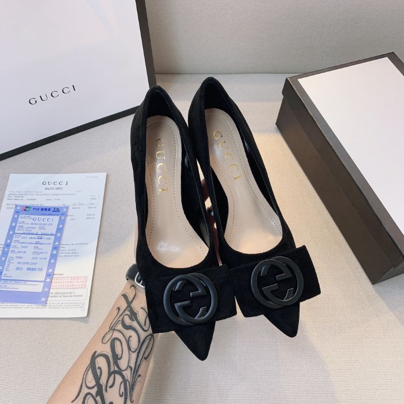 giày cao gót nữ mũi nhọn gót 5cm quai nơ logo GG Gucci GC