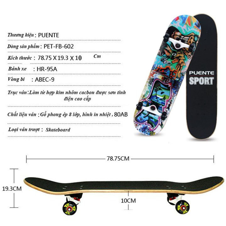 Ván trượt thể thao skateboard Puente chuyên nghiệp để tập Trick, Pop...