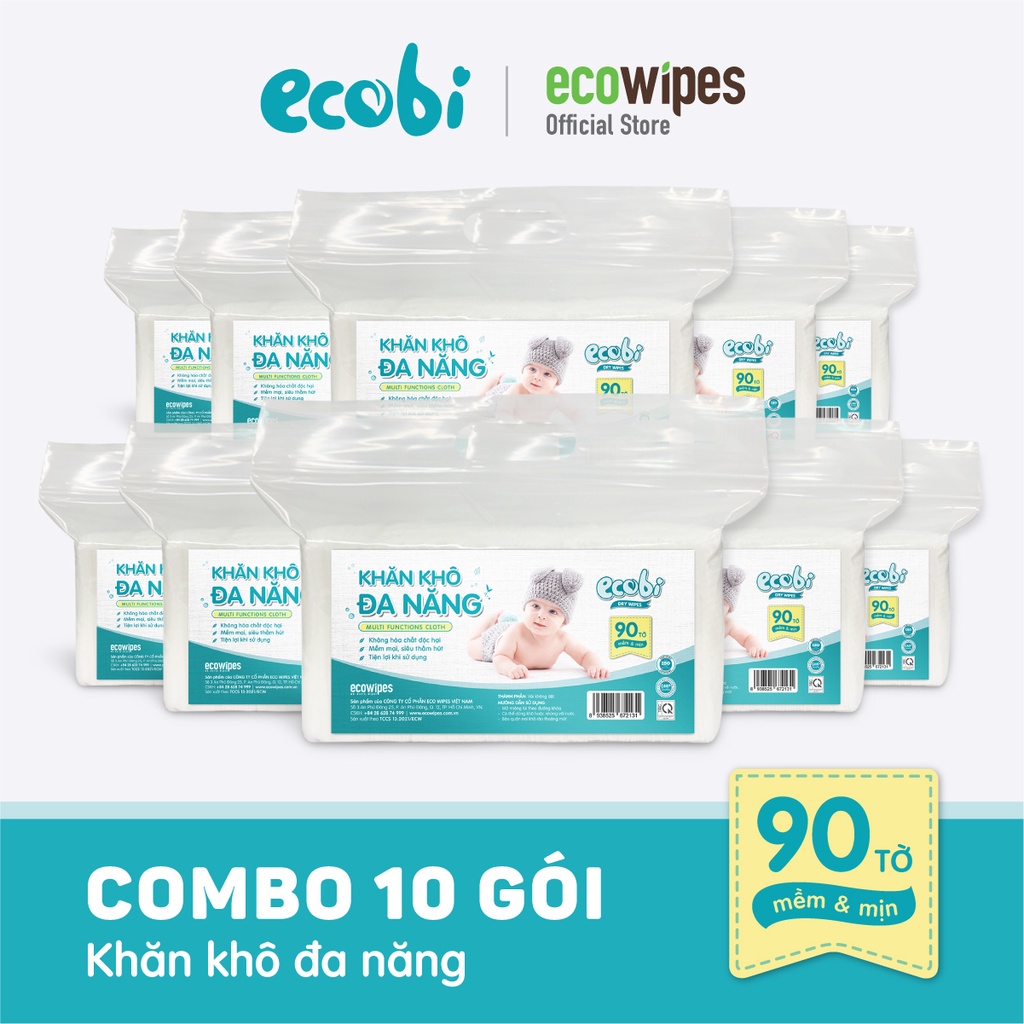 Combo 10 túi KHĂN KHÔ ĐA NĂNG ECOBI 90 tờ - Dùng thay khăn sữa, an toàn cho trẻ sơ sinh