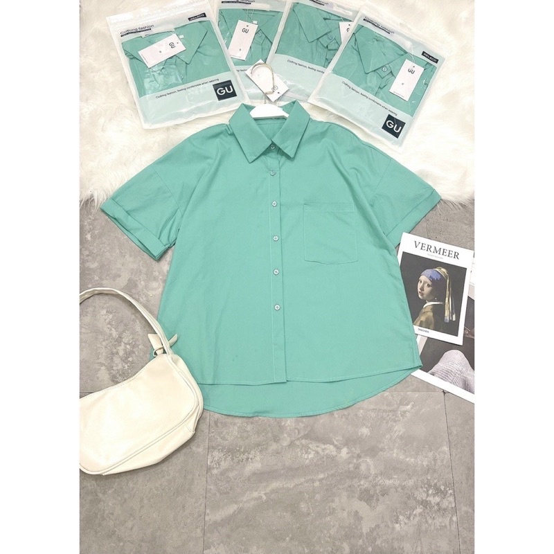 Áo sơ mi GU tay dơi gập gấu xanh mint