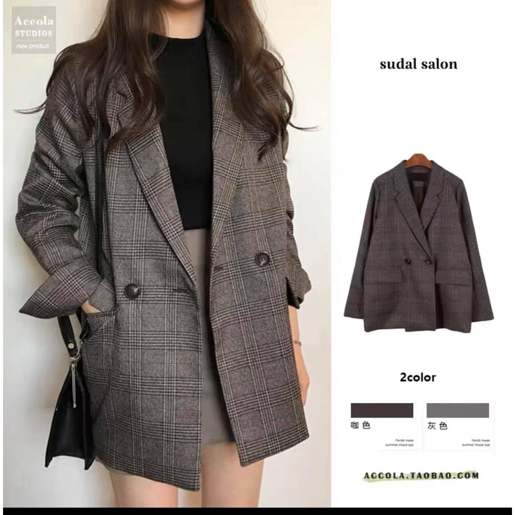 Áo blaze kẻ xẻ tay 2 lớp - Áo khoác nữ vest dáng rộng phong cách trẻ trung