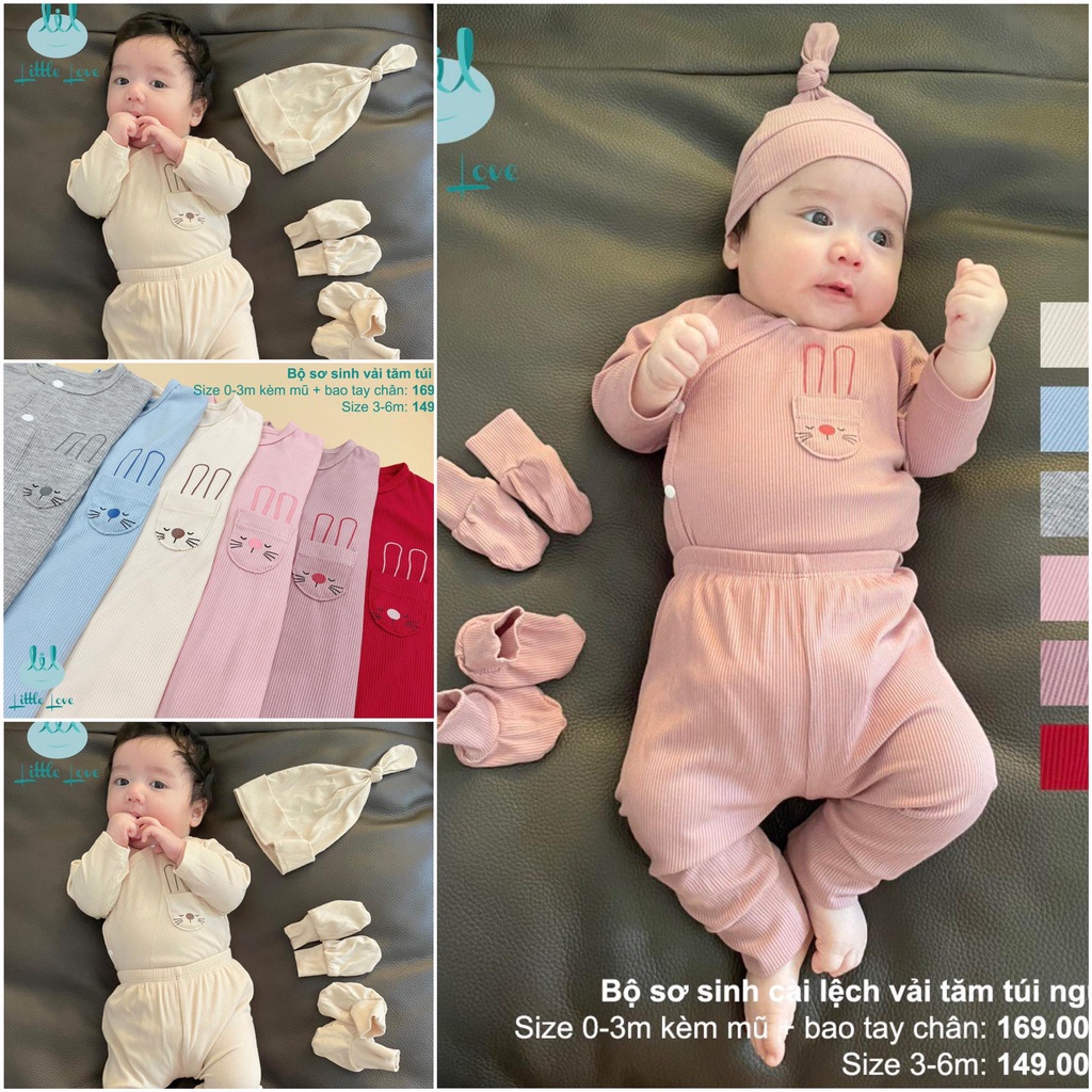 Set bộ dài tay sơ sinh vải tăm cài chéo/cài giữa túi ngực Little Love cho bé