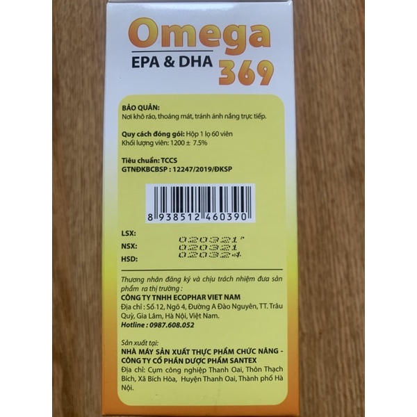 Omega 369, hộp 60 viên bổ sung Omega 3,6,9 vitamin E, A, DHA, EPA giúp giảm mỡ máu, giảm mỏi và khô mắt, tim mạch