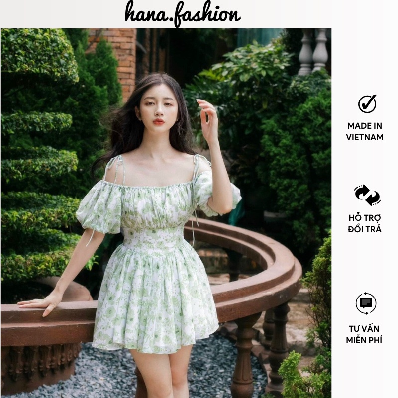 Đầm nữ hoa xanh 2 dây bẹt vai đầm đi chơi dự tiệc đi đám cưới phong cách sexy trẻ trung xinh đẹp