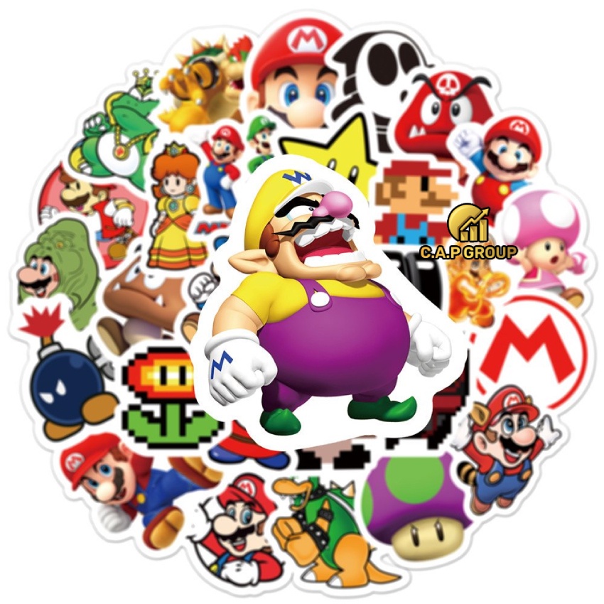 Set 50 hình dán Sticker Super Mario chống nước dán mũ bảo hiểm laptop xe máy