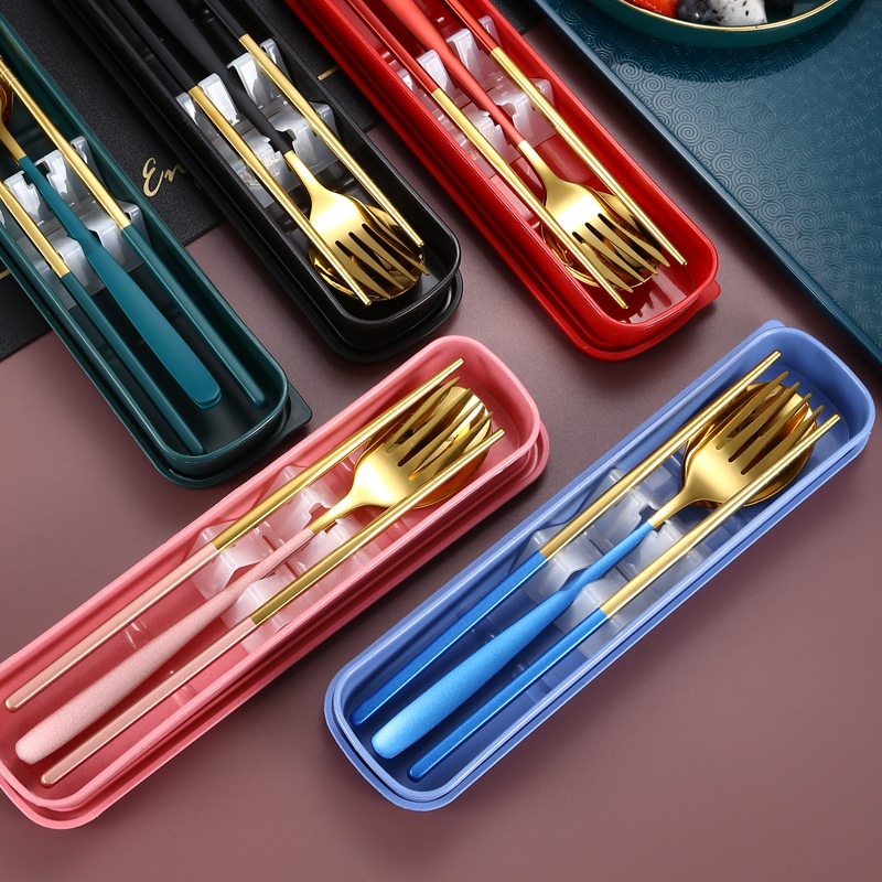 Bộ đũa thìa văn phòng , hộp đựng đũa muỗng inox 304 mạ vàng