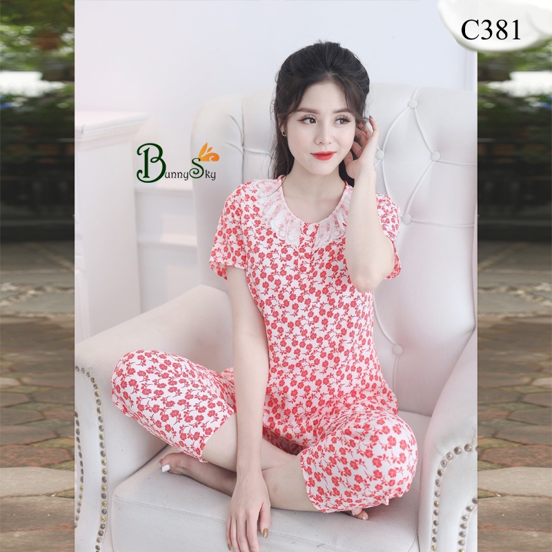 [Bunnysky] Đồ bộ mặc nhà, quần áo nữ mẫu tay cộc quần dài chất liệu lụa hàn họa tiết hoa lá