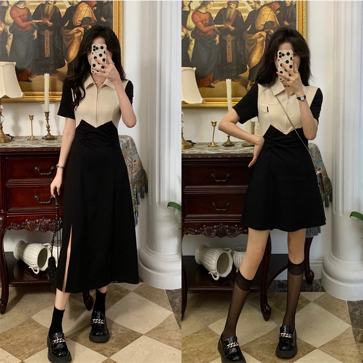 Honypove Đầm Cổ POLO Tay Ngắn Dáng Ôm Xẻ Tà Màu Sắc Tương Phản Phong Cách Hàn Quốc Thời Trang Xuân Hè Dành Cho Nữ 2022