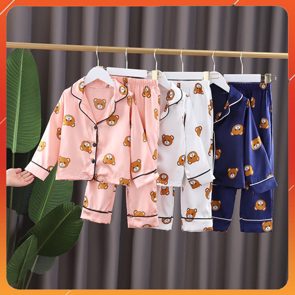 Bộ Pijama lụa dài hình gấu Hàng Cao Cấp Cực Xinh Cho Bé TRANG STORE, Bộ Đồ Ngủ thu đông  Cho Bé Trai Bé Gái Từ 6-28kg