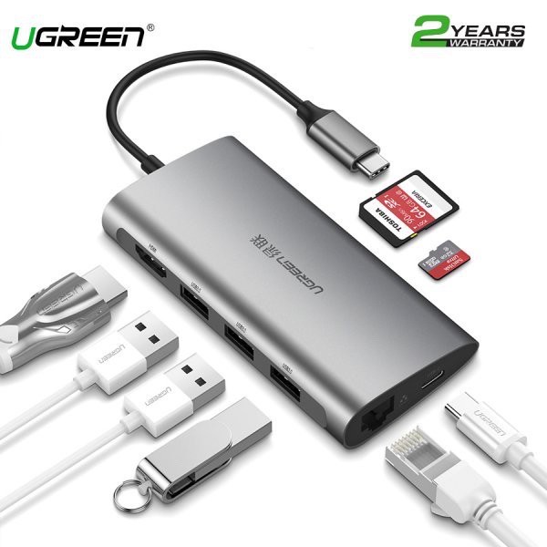 Cáp Chuyển Hub Ugreen 8 in 1 USB Type C Sang 3xUSB 3.0 + HDMI + RJ45 + SD,TF Ugreen 50538 Chính Hãng Việt Nam