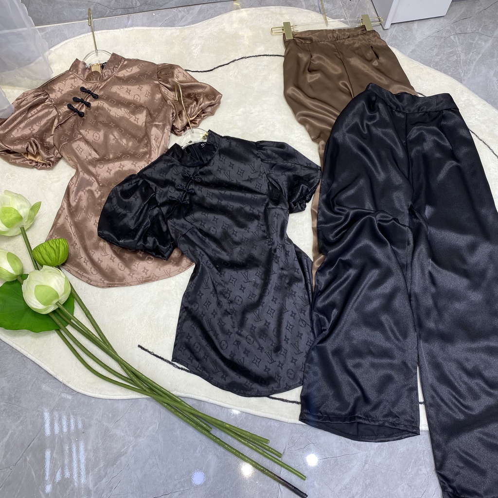 Set nữ đi chùa nút tàu tay bí chất gấm lụa sang trọng quý phái với màu đen và nu trơn
