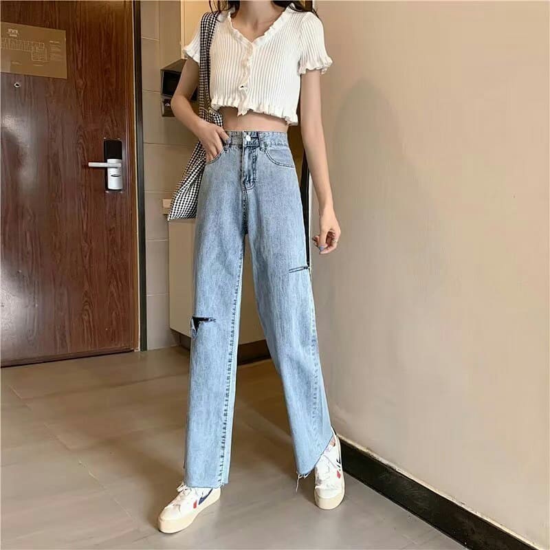 [ FREESHIP ] QUẦN JEAN ỐNG RỘNG MÀU XANH LƯNG RÁCH T PHẢI BE TRÁI CAO, QUẦN BÒ ỐNG RỘNG LƯNG CAO MÀU XANH CAO CẤP UTI
