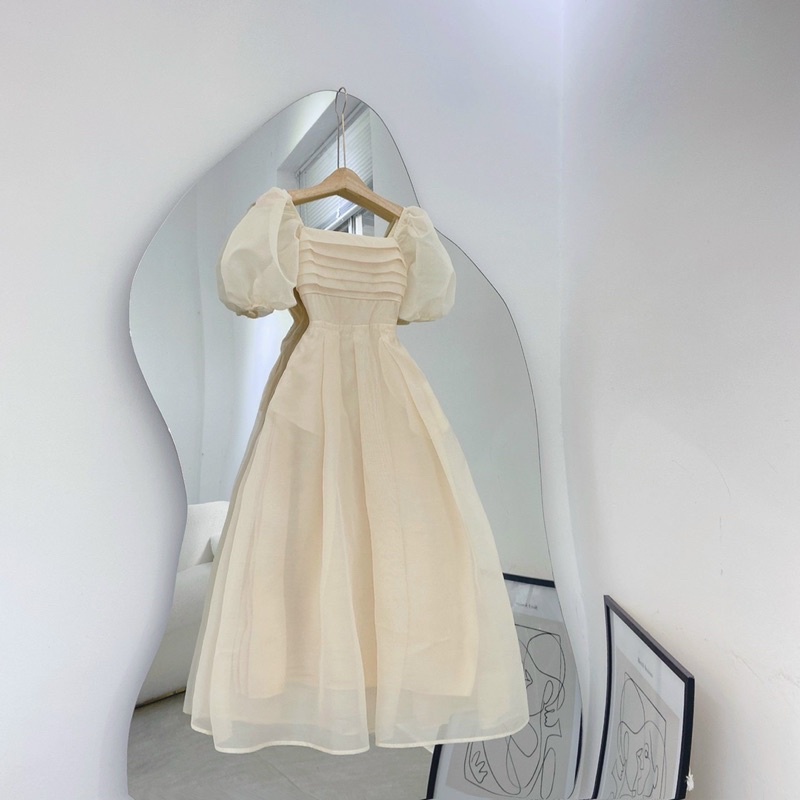 Đầm - váy voan tơ xếp ly ngực nude