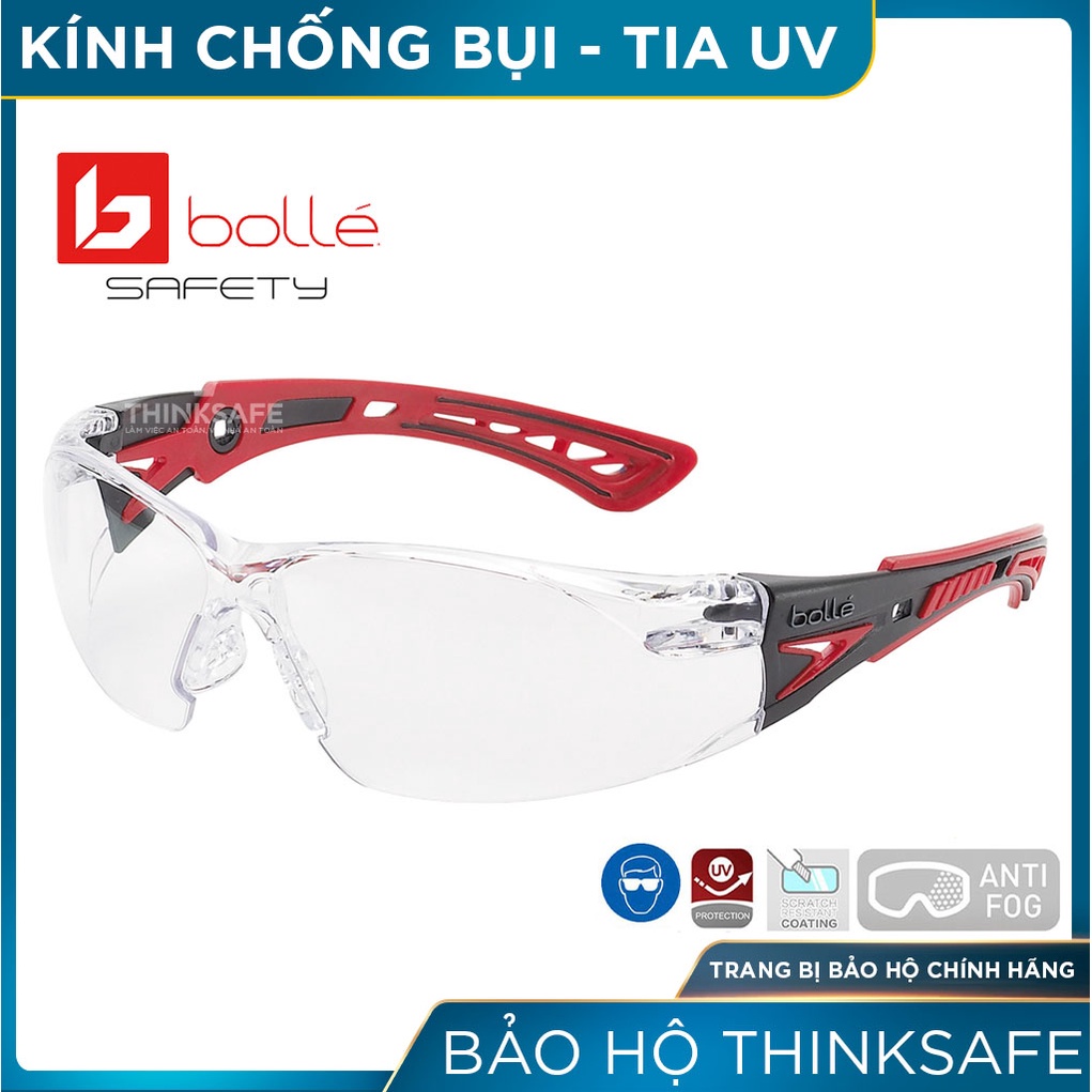 Kính bảo hộ cao cấp Bolle Thinksafe, mắt kính chắn bụi chính hãng, chống tia UV, trắng trong suốt, bền đẹp - Rush Plus