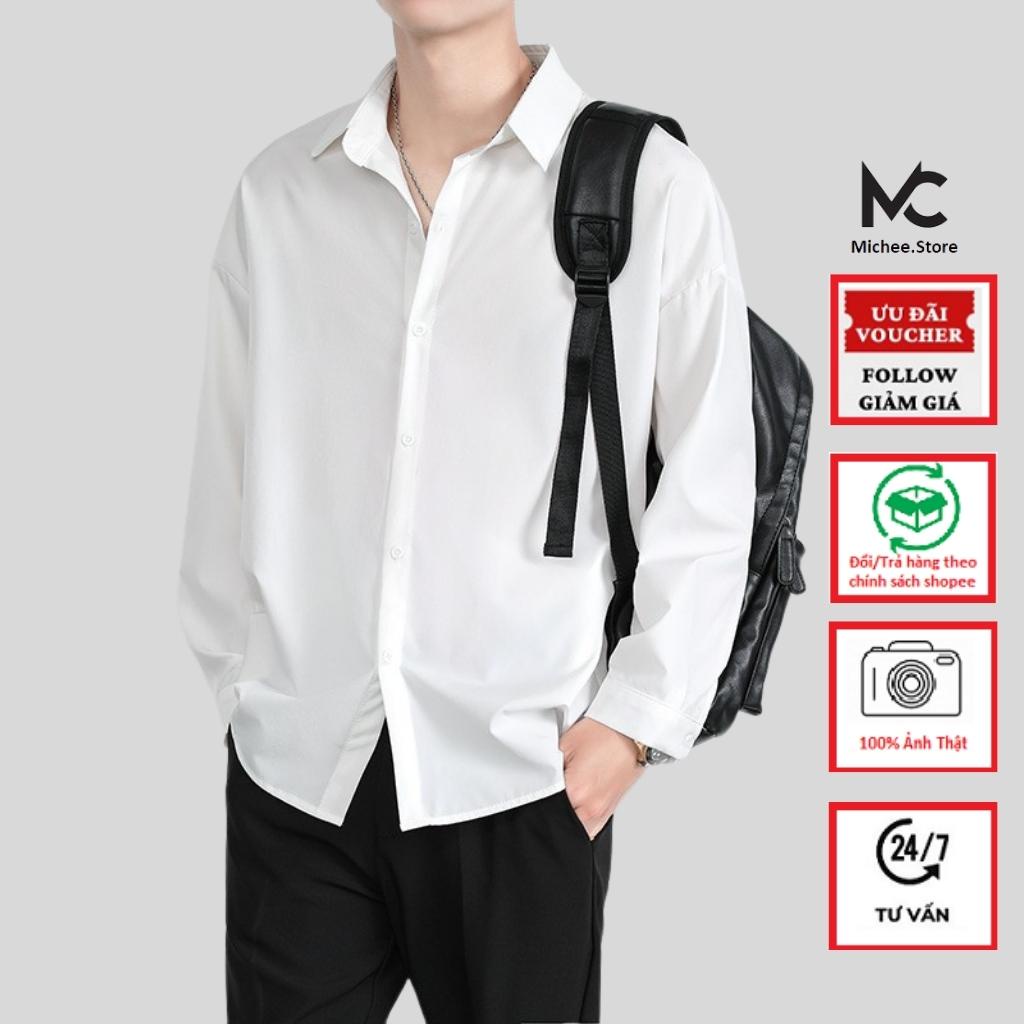 Áo sơ mi nam nữ dài tay Unisex Basic màu trắng và đen sơ mi lụa học sinh mịn mát form rộng suông