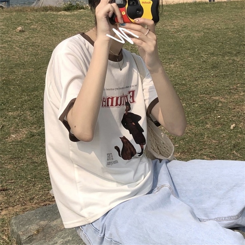 Áo thun SUXI tay ngắn cổ tròn dáng rộng họa tiết chữ thời trang mùa hè dành cho nữ