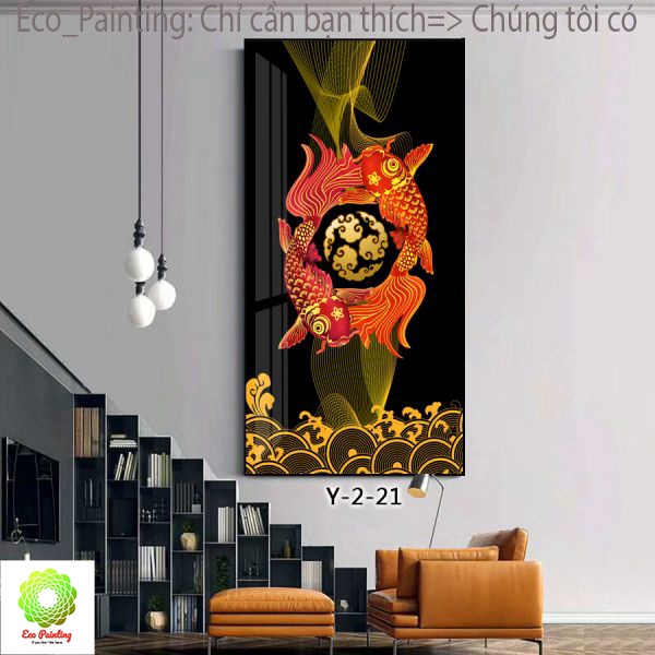 "Tranh cá chép hóa rồng" đẹp, sang trọng tranh cá treo tường đứng kích thước 35x70cm; 40x80cm;50x100cm;60x120cm có khung