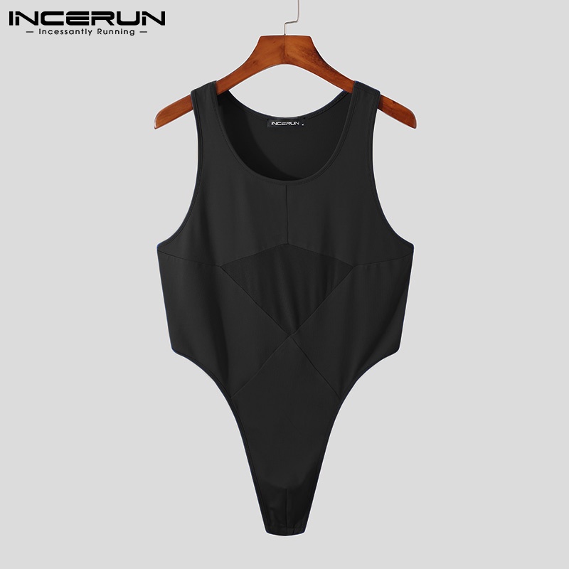 Áo liền quần INCERUN cổ tròn không tay ôm dáng phối rỗng xuyên thấu thoải mái thời trang dành cho nam