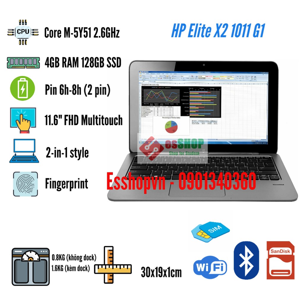 Laptop 2 trong 1 HP Elite X2 1011 G1 màn hình cảm ứng 11.6 inch 4GB RAM 128GB SSD hỗ trợ 4G LTE | BigBuy360 - bigbuy360.vn