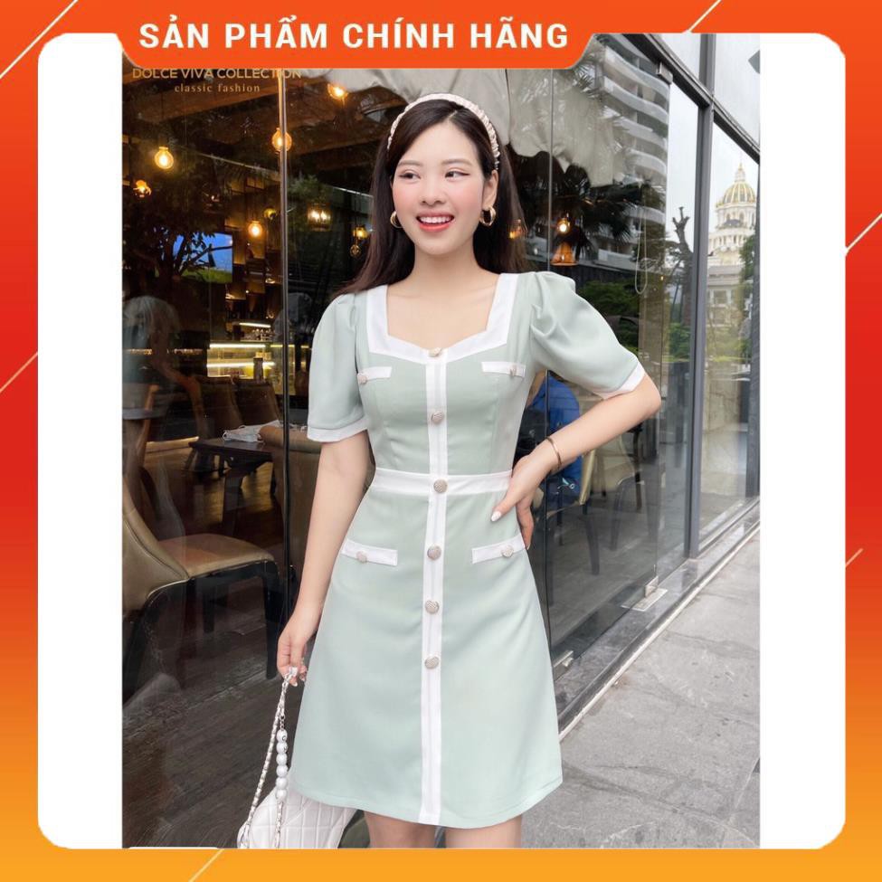 Váy Xanh Cổ U, Kẻ Li Trắng, Hàng Cúc Ngọc Dọc - Váy Công Sở, Dự Tiệc, Hàng Ngày - CM - 1969