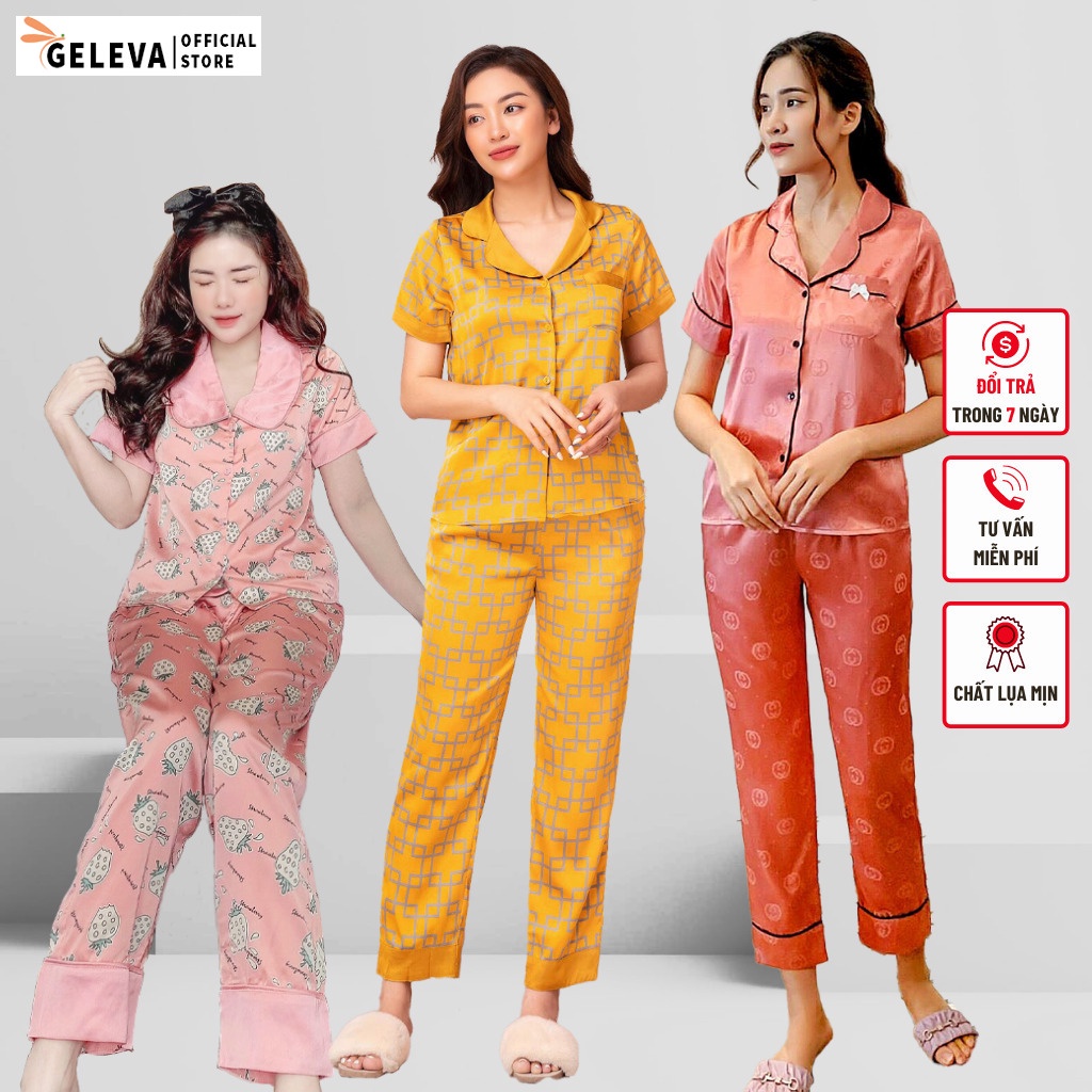 Đồ bộ pijama nữ Lụa mịn Cao cấp quần dài áo cộc tay, Đồ bộ mặc ở nhà ngủ pyjama nữ lụa đẹp dễ thương Geleva GE452