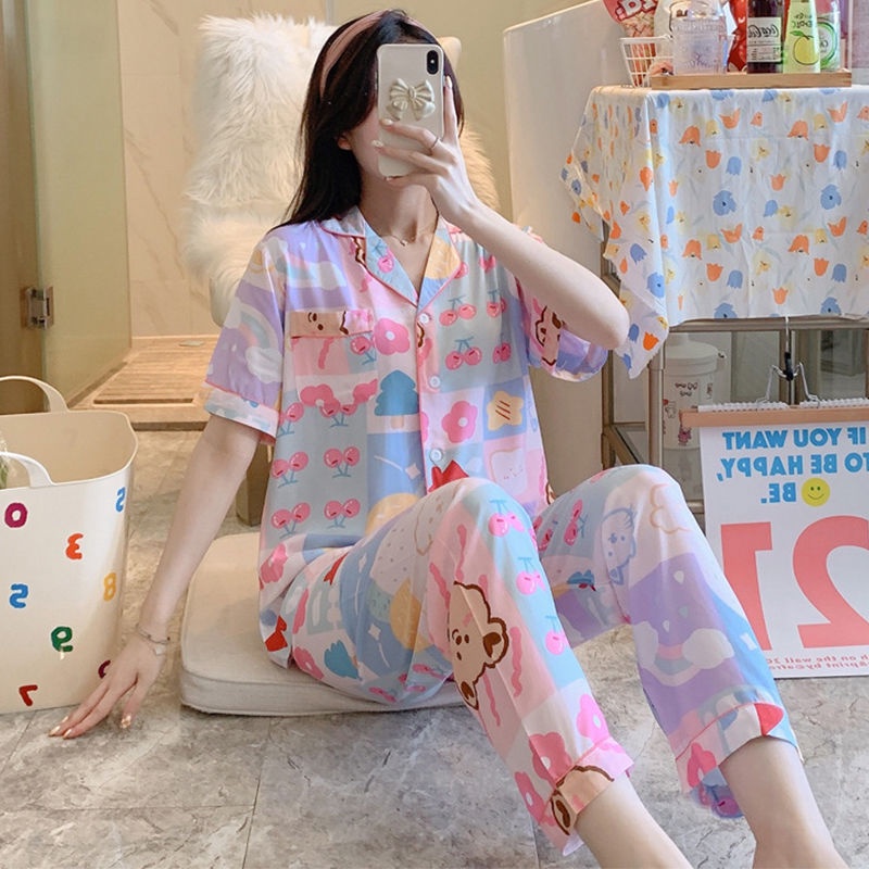 Bộ Đồ Ngủ Hai Mảnh Bằng Vải Lụa Cotton Tay Ngắn Dáng Rộng Phong Cách Hàn Quốc Thời Trang Mùa Hè Cho Nữ