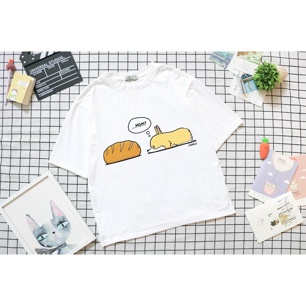 Áo Thun Nam Nữ Tay Lỡ Unisex Phông Trơn Oversize Form Rộng Basic Tee Hình chó ăn bánh mì