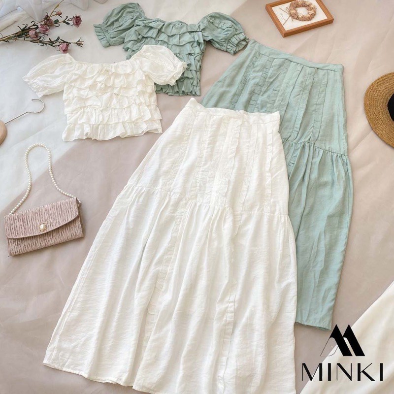 SET ÁO BÈO NHÚN TRỄ VAI + CHÂN VÁY DÀI - CHẤT LANH LỤA NHẬP KHẨU - MÀU XANH/ TRẮNG [SIÊU PHẨM] | BigBuy360 - bigbuy360.vn