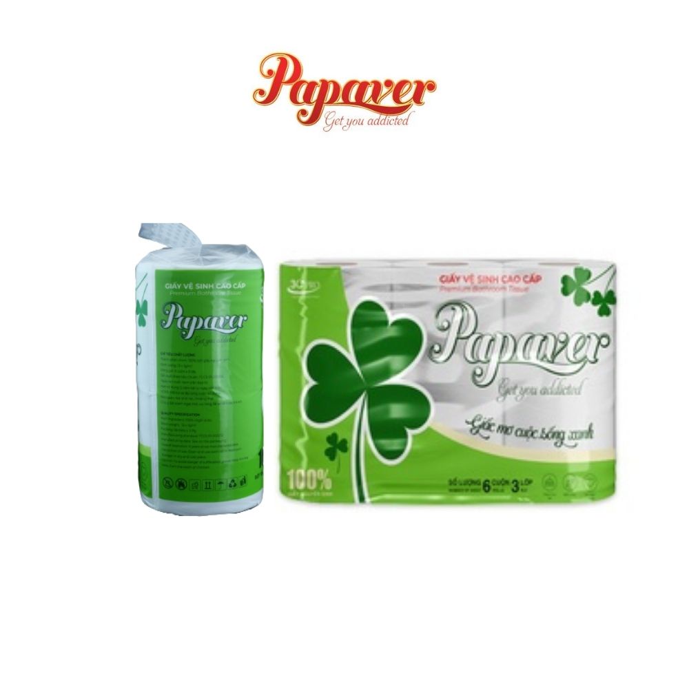 Giấy Vệ Sinh Cao Cấp Papaver, Combo 12 Lốc, 1 Lốc 6 Cuộn, 3 Lớp, Có Lõi/Không Lõi, 100% bột Giấy Nguyên Sinh