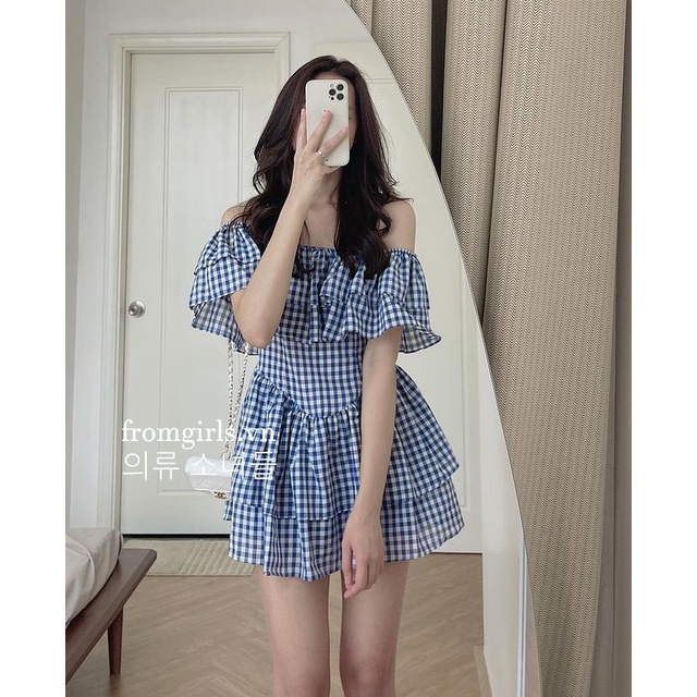 Váy trễ vai kẻ caro xanh, đầm caro trễ vai dáng ngắn vai bèo sexy - V72
