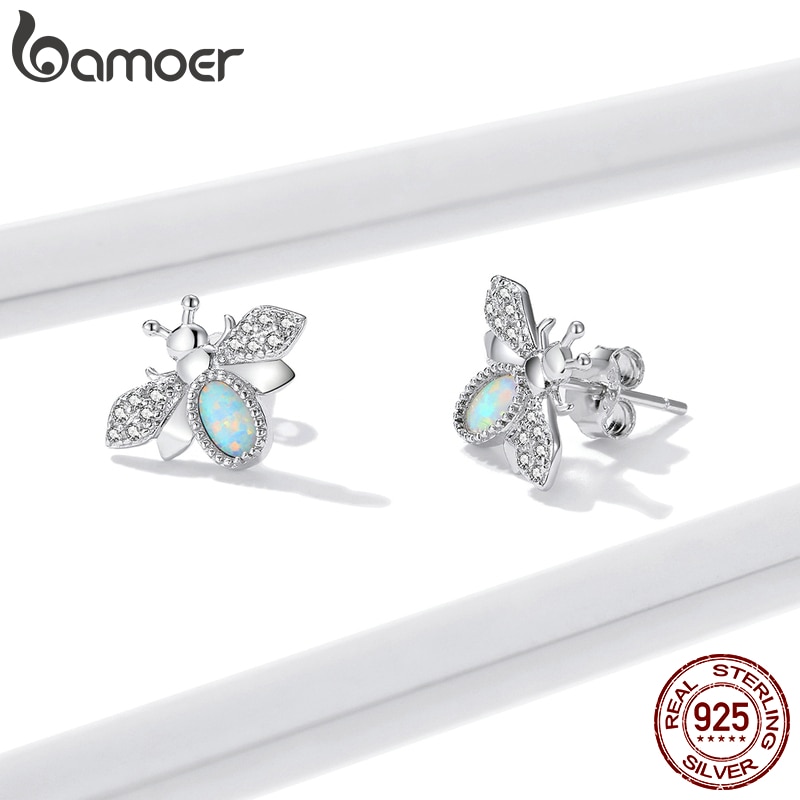 Đôi Bông Tai Cao Cấp Bamoer SCE1021 Dành Cho Nữ Bằng Bạc Thật 925 Thiết Kế Hình Con Ong Đính Đá Opal Xinh Xắn