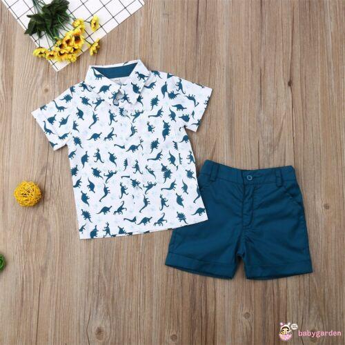 Bộ Áo Thun Tay Ngắn Cổ Bẻ In Hình Khủng Long + Quần Ngắn Màu Trơn Thời Trang Mùa Hè Cho Bé Trai 1-6 Tuổi