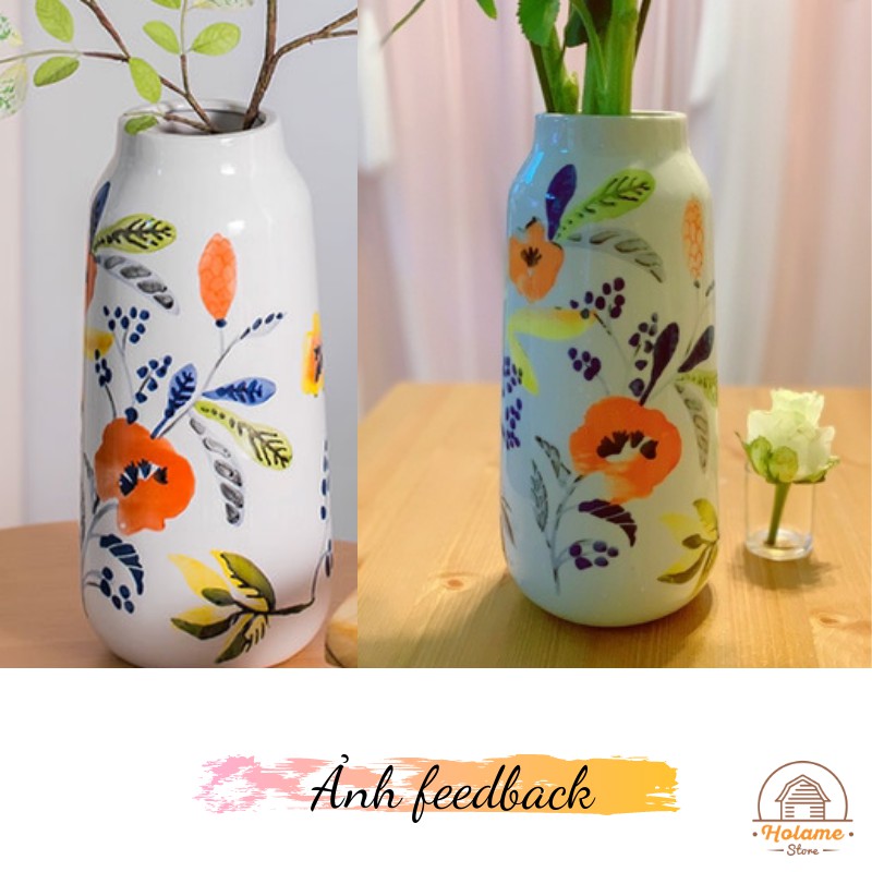 Bình hoa, lọ hoa gốm hình trụ viền vàng và họa tiết cam cực xinh decor phòng khách, bàn làm vệc