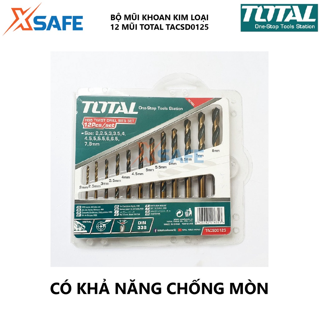 Bộ mũi khoan kim loại HSS 12 chi tiết TOTAL TACSD0125, dao phay ngón chất liệu thép HSS, khả năng chống mòn cao - xsafe