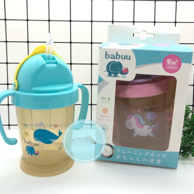 Bình tập uống ống hút silicon tay cầm Babuu Baby 180ml Nhật Bản