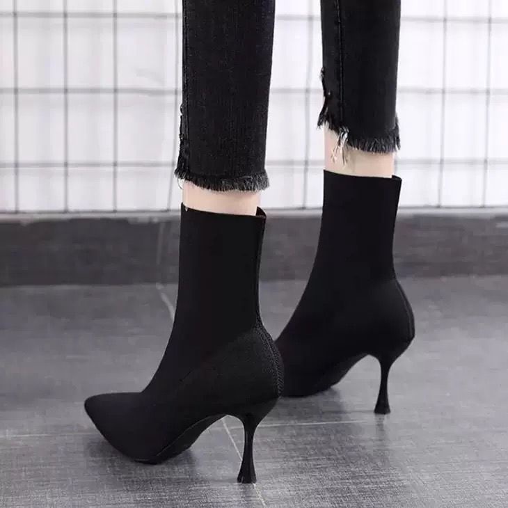 Giày Bốt Cao Gót Đan Len Mỏng Co Giãn Thời Trang Thu Đông Hàng Mới 2021