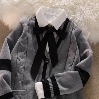 Set cardigan + áo sơmi tiểu thư (kèm nơ)