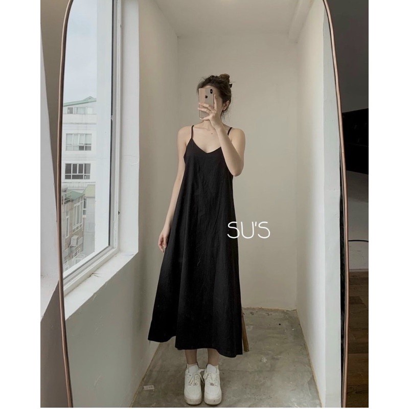 Váy 2 dây dáng dài chất đũi xước đầm maxi đi biển hai màu thoáng mát