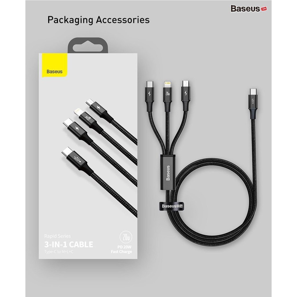 Cáp sạc PD 20W Baseus Rapid Series 3in1 ( Type C to Type C/ Lightning/ Micro USB ), Fast Charging &amp; Data Cable, dài 1.5m