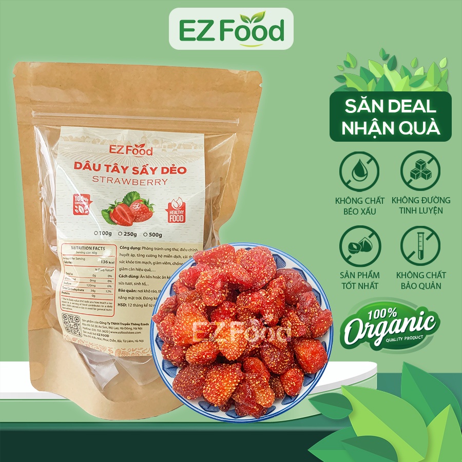 Dâu Tây Sấy Dẻo Không Đường EZFOOD - Dâu Tây Sấy Ăn Vặt Mẹ Bầu, Tốt Cho Sức Khỏe, Giảm Cân, Đẹp Dáng, Đẹp Da 500g